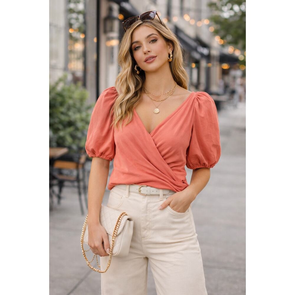 Anthropologie Medium Coral Wrap Puff Sleeve Boho Romantic Cottagecore Soft Girl